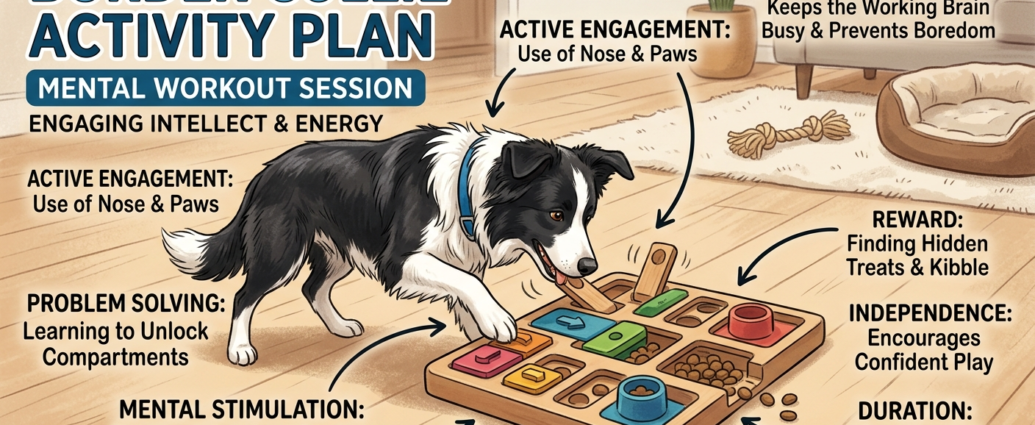 Border Collie Activity Plan shown during a puzzle feeder mental workout session