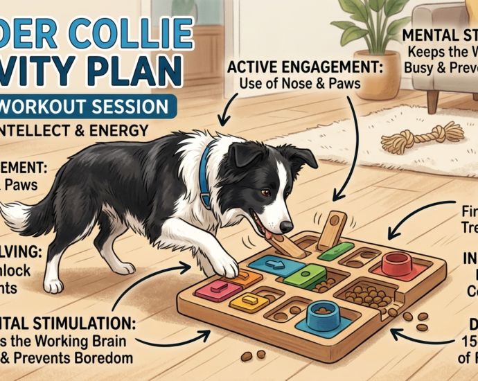 Border Collie Activity Plan shown during a puzzle feeder mental workout session