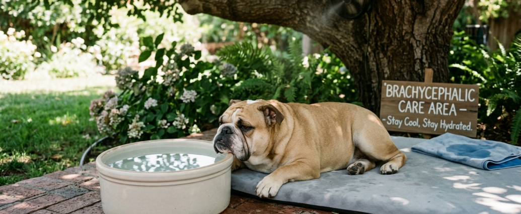Brachycephalic Care for Pugs & Bulldogs shown with a Bulldog resting in shade near a water bowl
