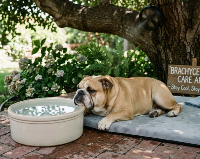 Brachycephalic Care for Pugs & Bulldogs shown with a Bulldog resting in shade near a water bowl