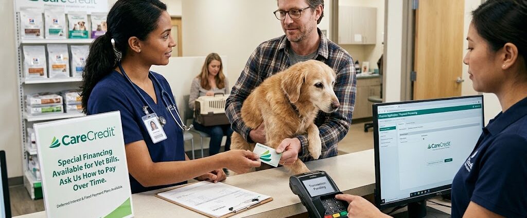 A veterinarian in scrubs at a clinic reception desk discusses financing options with a client holding a dog. The client holds a CareCredit payment card. A sign on the counter advertises 'Special Financing Available for Vet Bills,' and a computer monitor shows payment processing details.