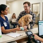 A veterinarian in scrubs at a clinic reception desk discusses financing options with a client holding a dog. The client holds a CareCredit payment card. A sign on the counter advertises 'Special Financing Available for Vet Bills,' and a computer monitor shows payment processing details.
