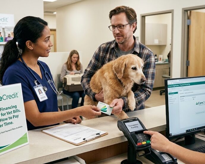 A veterinarian in scrubs at a clinic reception desk discusses financing options with a client holding a dog. The client holds a CareCredit payment card. A sign on the counter advertises 'Special Financing Available for Vet Bills,' and a computer monitor shows payment processing details.