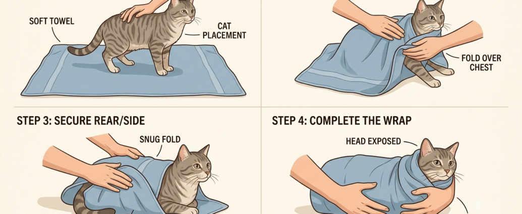 An instructional illustration showing proper cat emergency and safety restraint using the 'cat burrito' towel wrap technique to secure a stressed feline safely.