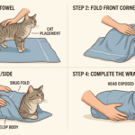 An instructional illustration showing proper cat emergency and safety restraint using the 'cat burrito' towel wrap technique to secure a stressed feline safely.
