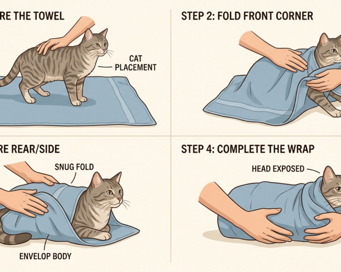 An instructional illustration showing proper cat emergency and safety restraint using the 'cat burrito' towel wrap technique to secure a stressed feline safely.