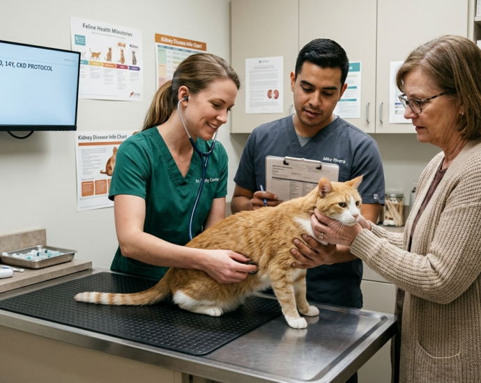 Chronic Kidney Disease in Cats shown during a veterinary wellness checkup