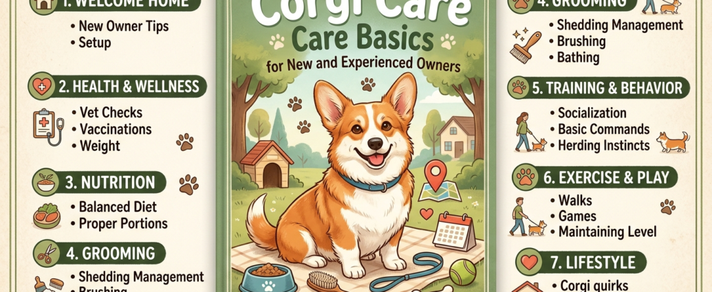 : Corgi Care Basics showing a Corgi walking outdoors with a supportive harness