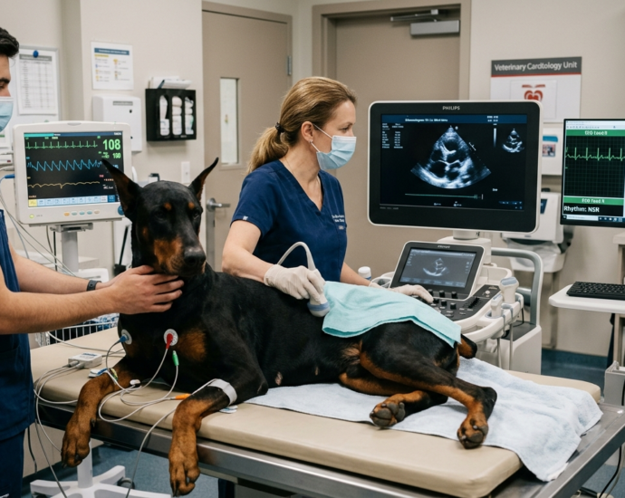Doberman Pinscher Health Tracking shown during a veterinary heart screening