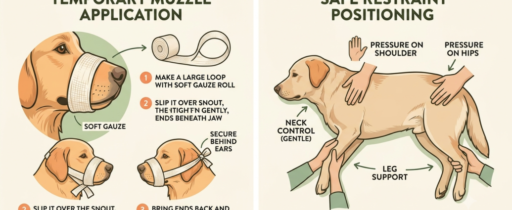 An instructional illustration demonstrating proper dog emergency and safety muzzle application using gauze, and safe restraint positioning for an injured canine.