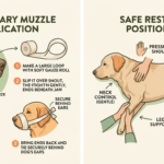 An instructional illustration demonstrating proper dog emergency and safety muzzle application using gauze, and safe restraint positioning for an injured canine.