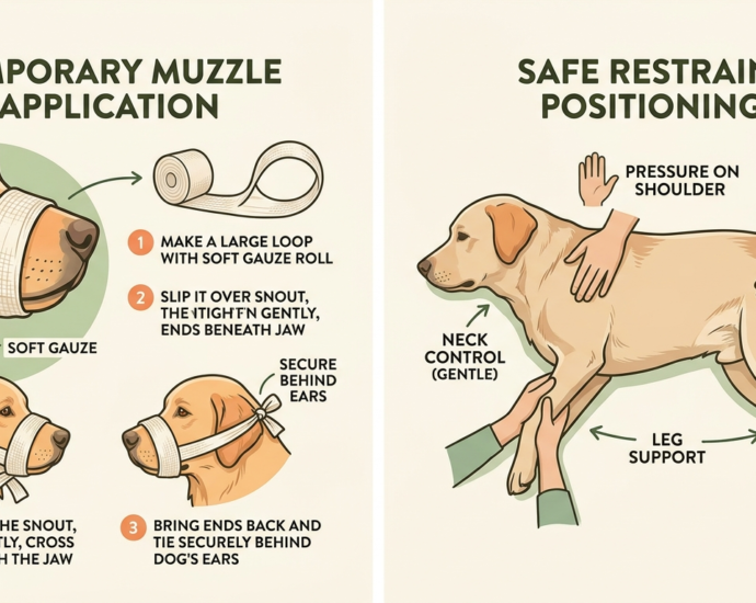 An instructional illustration demonstrating proper dog emergency and safety muzzle application using gauze, and safe restraint positioning for an injured canine.