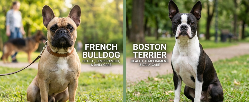 French Bulldog vs. Boston Terrier side by side comparison outdoors