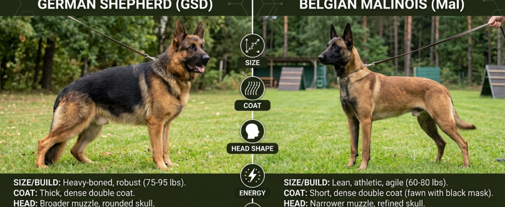 German Shepherd vs. Belgian Malinois side by side outdoors