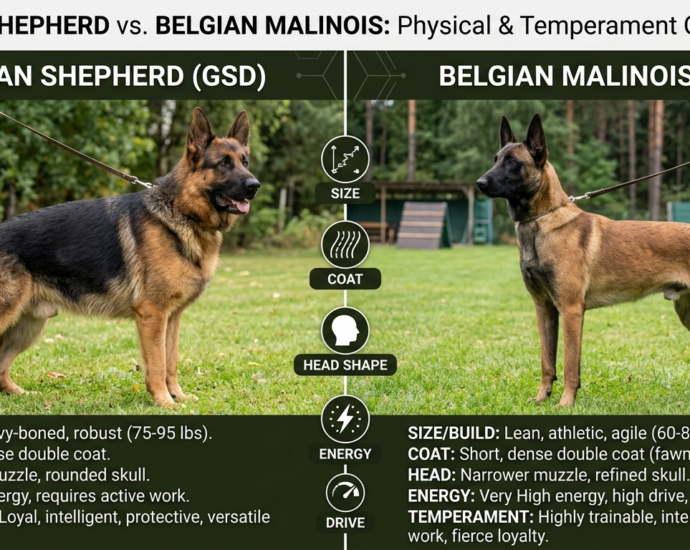 German Shepherd vs. Belgian Malinois side by side outdoors