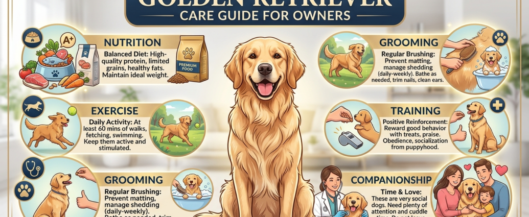 Golden Retriever Care Guide featuring a happy golden retriever on a walk