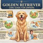 Golden Retriever Care Guide featuring a happy golden retriever on a walk