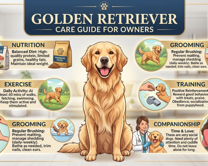 Golden Retriever Care Guide featuring a happy golden retriever on a walk