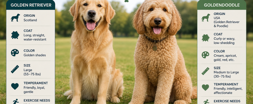 Golden Retriever vs. Goldendoodle side by side comparison outdoors