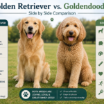 Golden Retriever vs. Goldendoodle side by side comparison outdoors