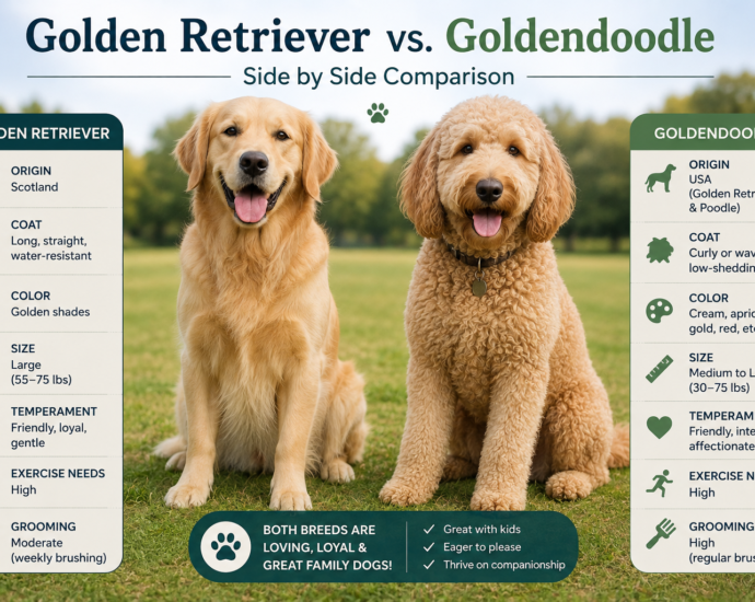Golden Retriever vs. Goldendoodle side by side comparison outdoors