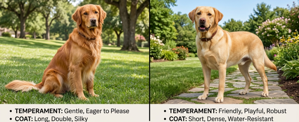 Golden Retriever vs. Labrador side by side comparison outdoors