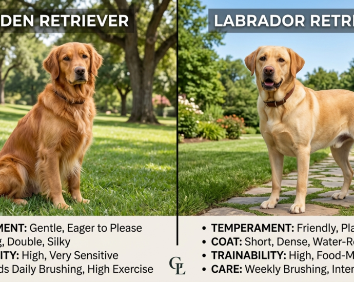 Golden Retriever vs. Labrador side by side comparison outdoors