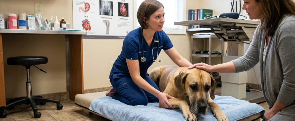 Great Dane Health Risks shown with a Great Dane resting during a vet visit