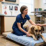 Great Dane Health Risks shown with a Great Dane resting during a vet visit