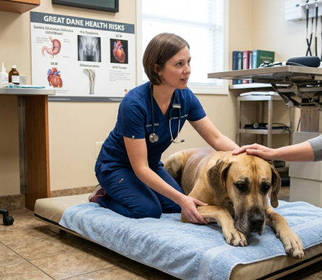 Great Dane Health Risks shown with a Great Dane resting during a vet visit