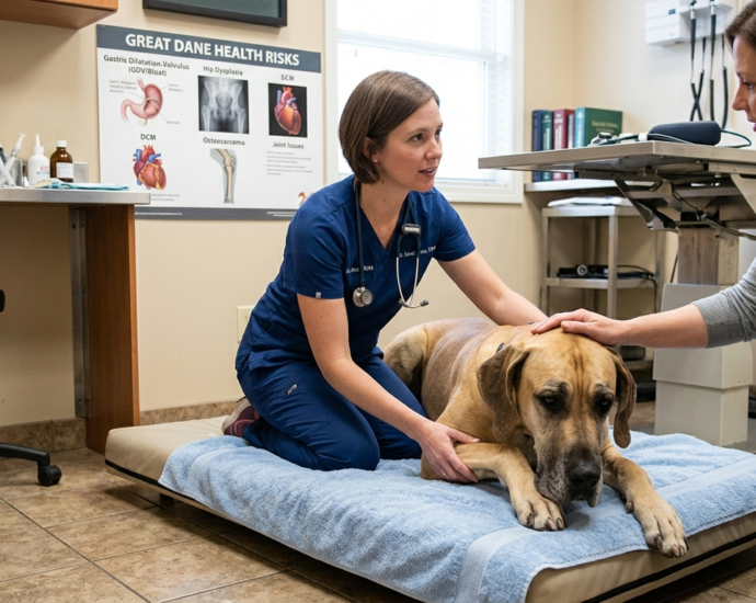 Great Dane Health Risks shown with a Great Dane resting during a vet visit