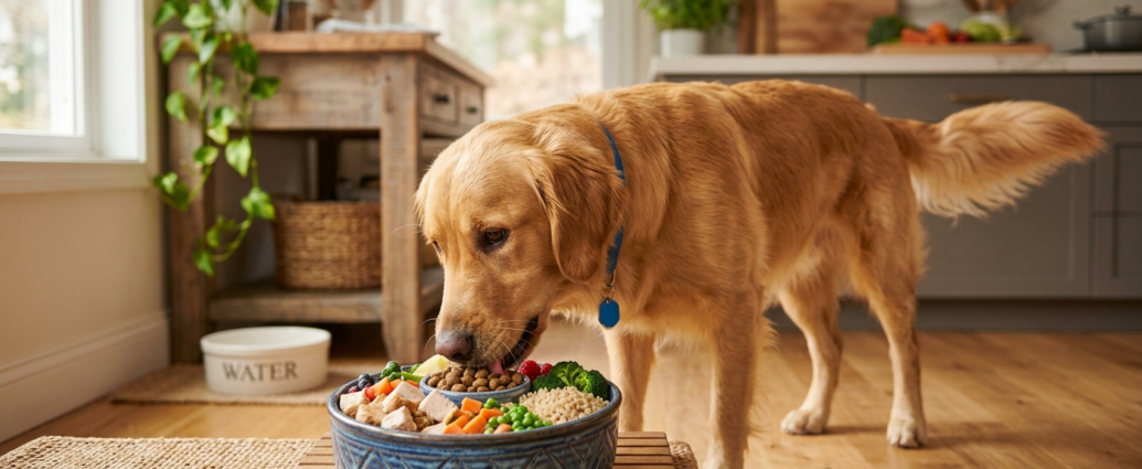 Dog nutrition – healthy dog eating a balanced bowl of nutritious food