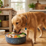 Dog nutrition – healthy dog eating a balanced bowl of nutritious food