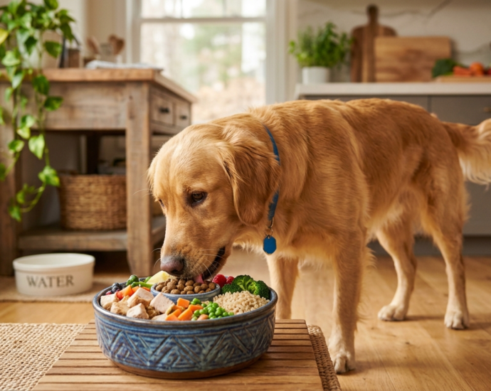Dog nutrition – healthy dog eating a balanced bowl of nutritious food