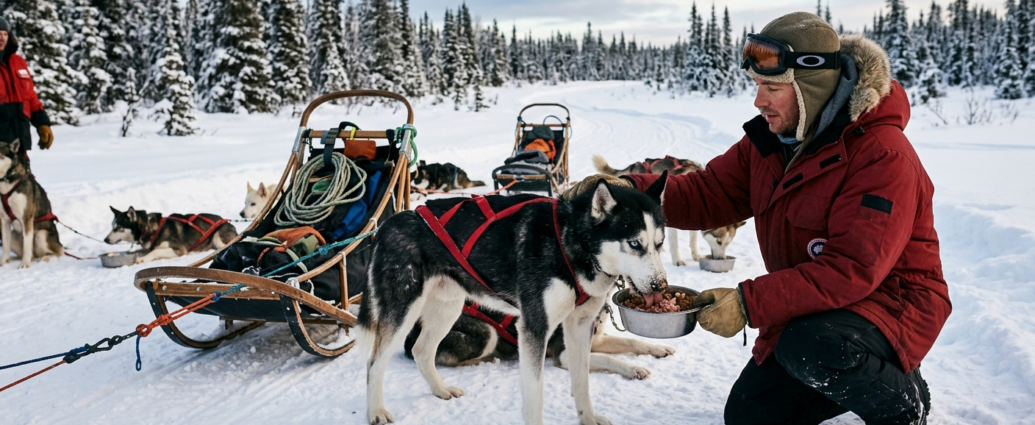 Husky Working Diet shown with a sled Husky eating during training season