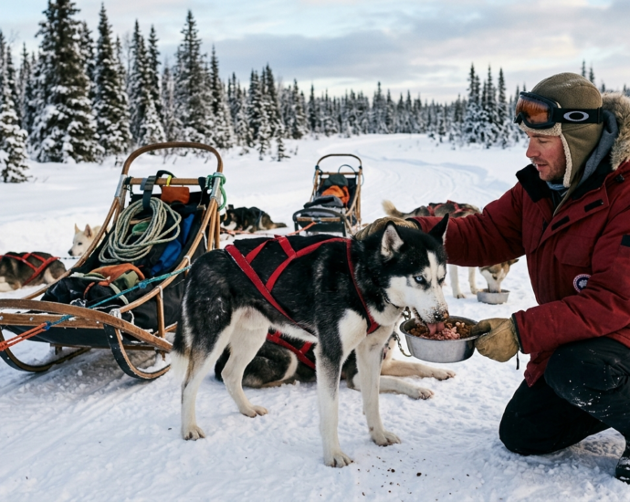 Husky Working Diet shown with a sled Husky eating during training season