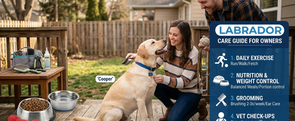 Labrador Care Guide infographic showing a couple grooming a Labrador with tips on exercise, nutrition, grooming, and vet check-ups