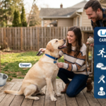 Labrador Care Guide infographic showing a couple grooming a Labrador with tips on exercise, nutrition, grooming, and vet check-ups