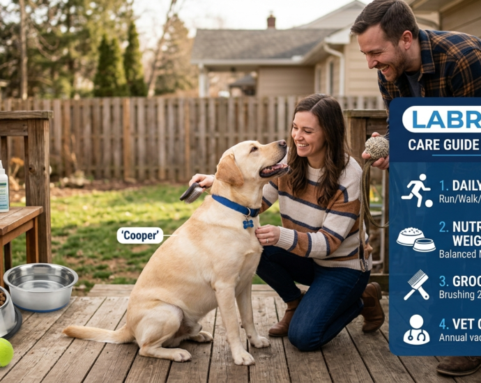 Labrador Care Guide infographic showing a couple grooming a Labrador with tips on exercise, nutrition, grooming, and vet check-ups