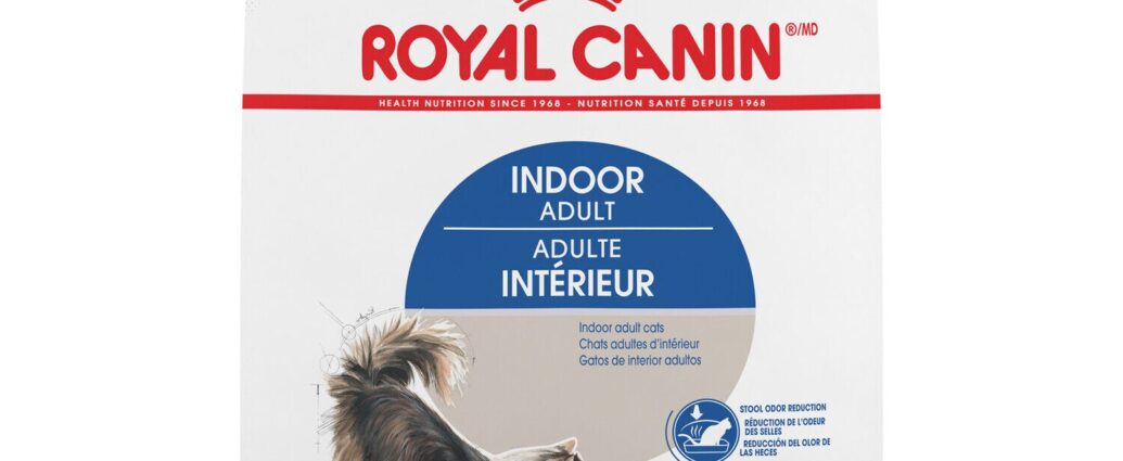 Royal Canin Indoor cat food kibble in a ceramic bowl beside the bag