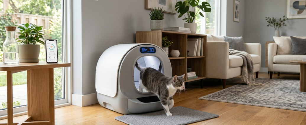 Self-cleaning smart litter box with a cat nearby in a modern living room