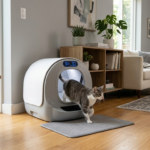 Self-cleaning smart litter box with a cat nearby in a modern living room