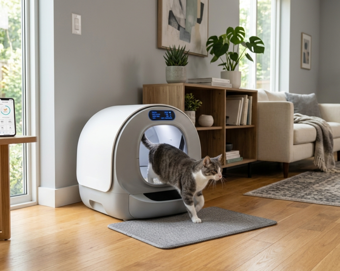 Self-cleaning smart litter box with a cat nearby in a modern living room