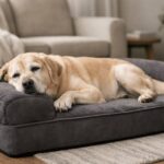 Senior Golden Retriever resting comfortably on a thick orthopedic memory foam dog bed with support bolsters