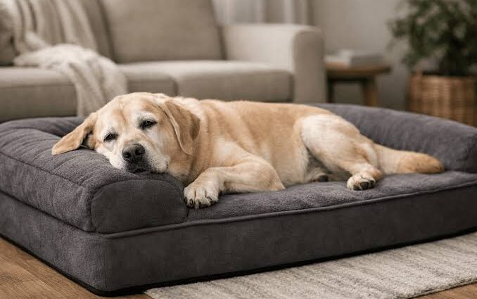 Senior Golden Retriever resting comfortably on a thick orthopedic memory foam dog bed with support bolsters
