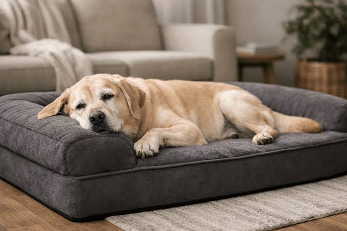 Senior Golden Retriever resting comfortably on a thick orthopedic memory foam dog bed with support bolsters