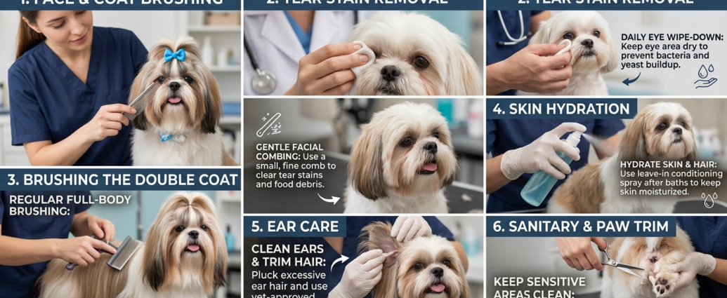 Shih Tzu Grooming & Skin Care shown during a face and coat brushing session
