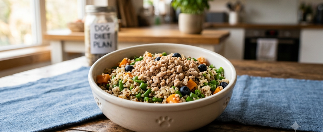 Dog diet – bowl of fresh, healthy food for a balanced diet for dogs