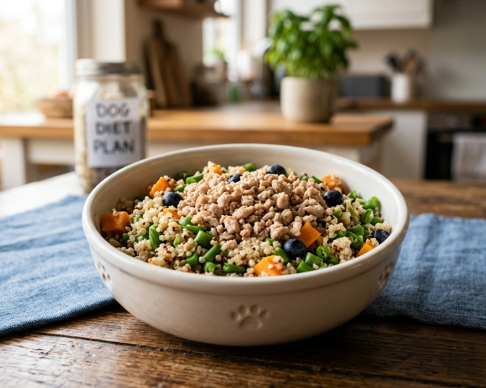 Dog diet – bowl of fresh, healthy food for a balanced diet for dogs