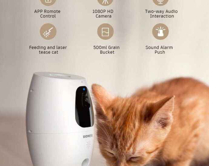 smart pet camera dispensing a treat to a cat while owner watches via app